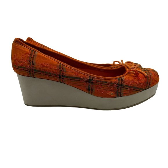 Womens Size 10 Wedge Slip On Fabric Orange Plaid NEW - Picture 11 of 11